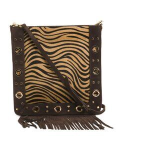 MARLON Brown Made In Italy Suede Fringe Zebra Crossbody With Grommets